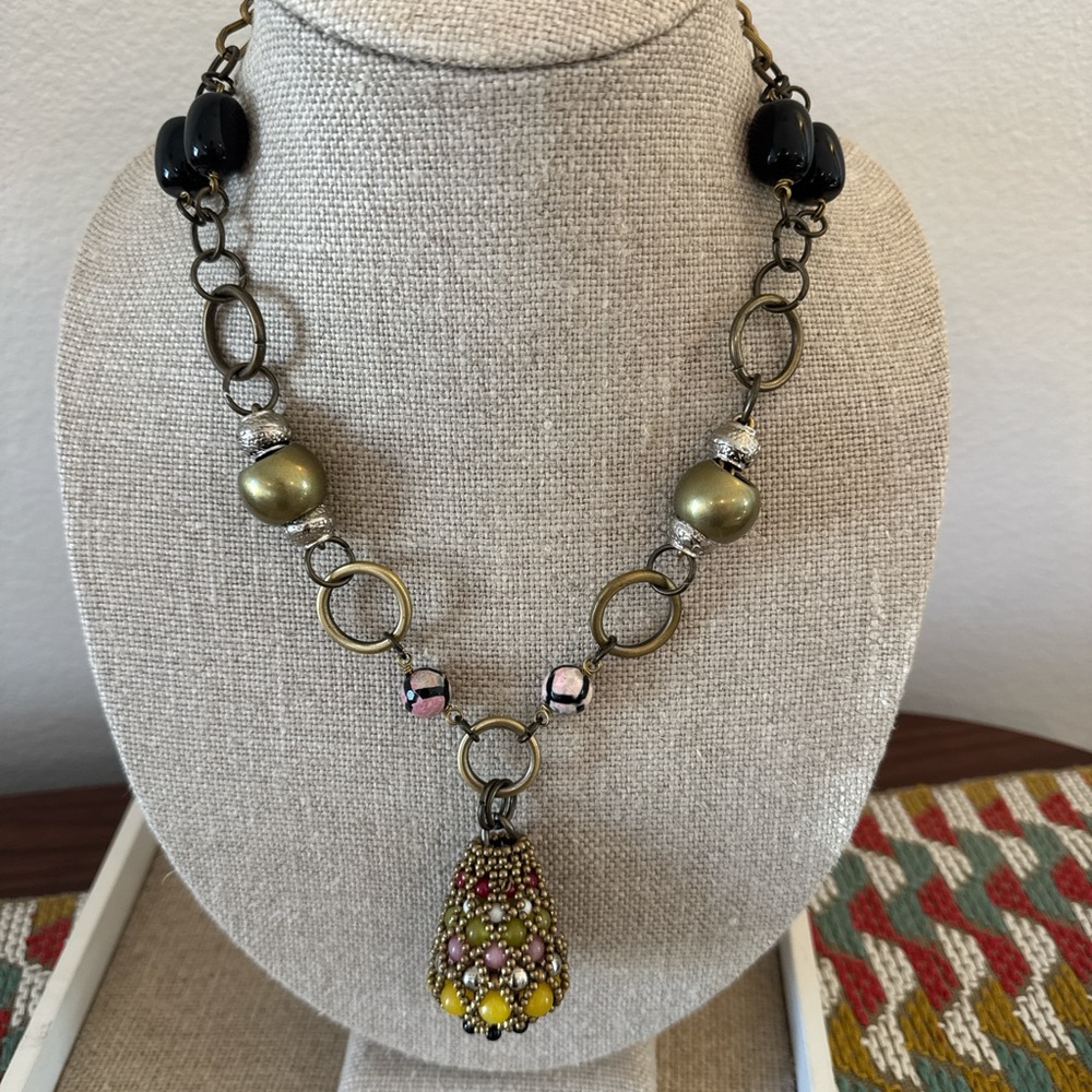 Vintage Pam Hiran Beaded Pendant Statement Necklace- Anthropologie- Like New